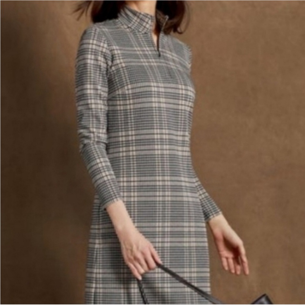 J.McLaughlin Bedford Dress, 1/4 Zip Mock Neck, Aspen Glenn Plaid - Womens Medium